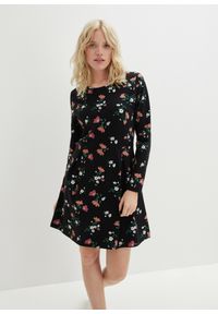 bonprix - Sukienka z dżerseju w kwiaty. Kolor: czarny. Materiał: jersey. Wzór: kwiaty #1