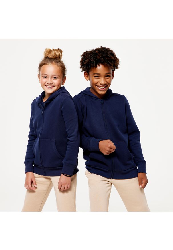 DOMYOS - Bluza dziecięca Domyos rozpinana. Typ kołnierza: kaptur. Kolor: niebieski. Materiał: bawełna, włókno. Sport: joga i pilates