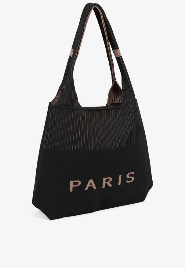 Renee - Czarna Trapezowa Torebka Typu Shopper z Ozdobnym Napisem Salirenia. Kolor: czarny. Wzór: napisy. Styl: biznesowy, elegancki, casual