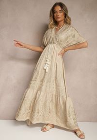 Renee - Beżowa Wiskozowa Sukienka Boho o Kopertowym Kroju z Metalicznym Haftem Redeselle. Okazja: na co dzień. Typ kołnierza: dekolt w serek. Kolor: beżowy. Materiał: wiskoza. Wzór: haft. Typ sukienki: kopertowe. Styl: boho