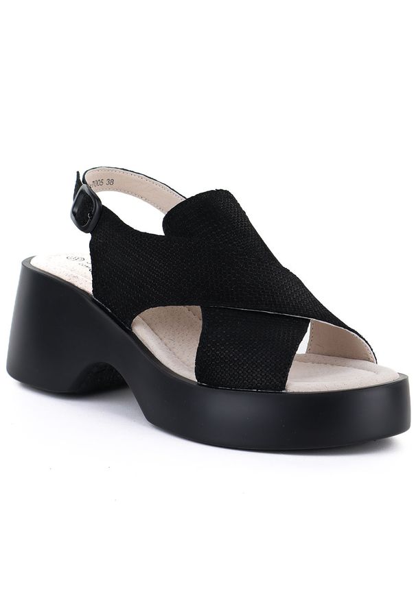 Skórzane sandały damskie na platformie czarne S.Barski 7005. Kolor: czarny. Materiał: skóra. Obcas: na platformie. Styl: elegancki