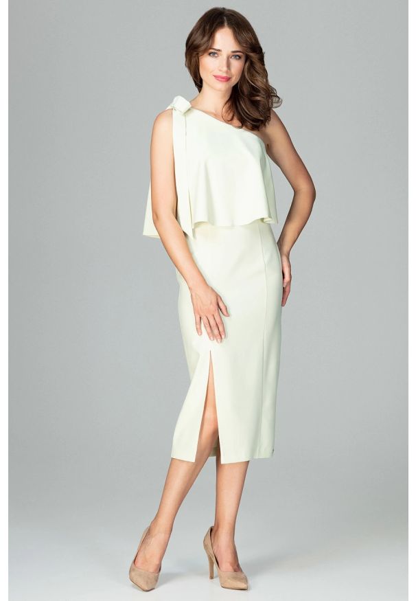 Lenitif - Koktajlowa ołówkowa sukienka na jedno ramię z falbaną żółta. Okazja: na randkę, na ślub cywilny, na wesele. Kolor: żółty. Materiał: tkanina. Typ sukienki: ołówkowe. Styl: wizytowy