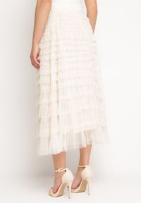 Born2be - Jasnobeżowa Rozkloszowana Spódnica Maxi z Falbankami z Tiulu Davena. Kolor: beżowy. Materiał: tiul. Wzór: aplikacja #2