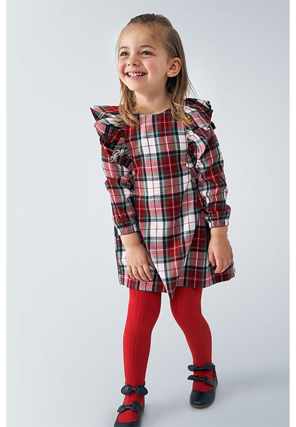 Mayoral - Sukienka dziecięca 92-134 cm. Kolor: czerwony. Materiał: tkanina, poliester, wiskoza, elastan. Długość rękawa: długi rękaw. Typ sukienki: rozkloszowane. Długość: mini