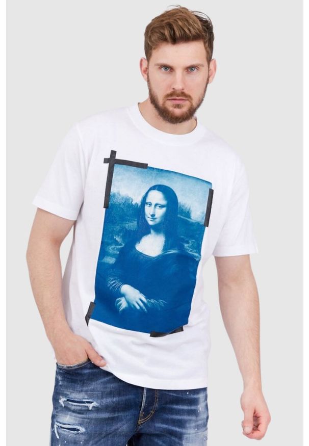 OFF-WHITE Biały t-shirt męski z nadrukiem mona lisy, Rozmiar S. Kolor: biały. Wzór: nadruk