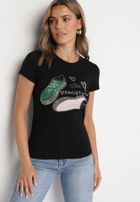 Born2be - Czarny Bawełniany T-shirt z Nadrukiem z Cyrkoniami Karissen. Okazja: na co dzień. Kolor: czarny. Materiał: bawełna. Wzór: nadruk. Styl: klasyczny, casual, elegancki