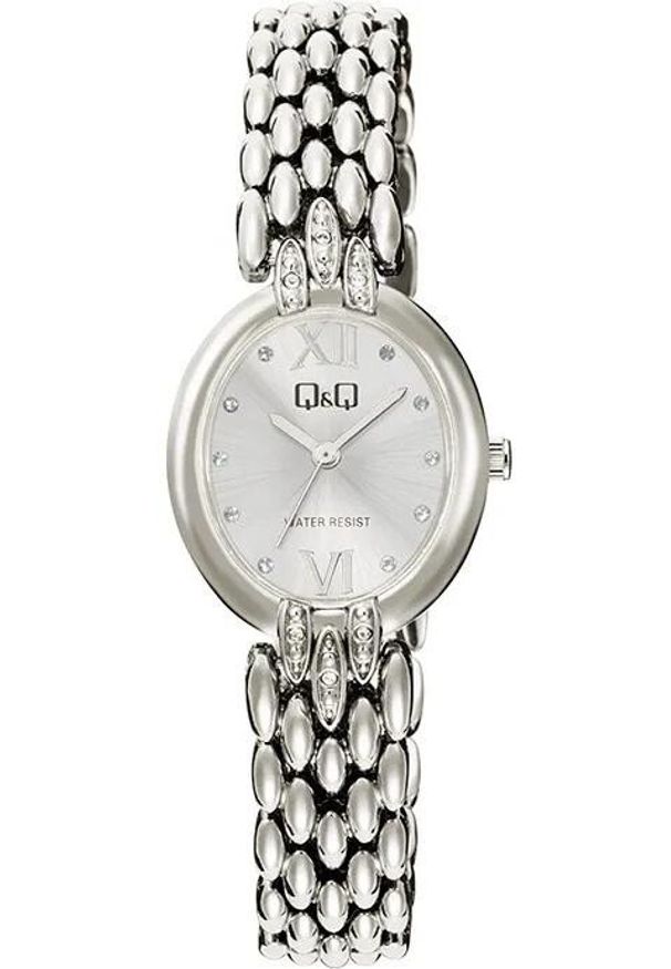 Zegarek damski QQ F16A-001P CYRKONIE srebrny. Kolor: srebrny