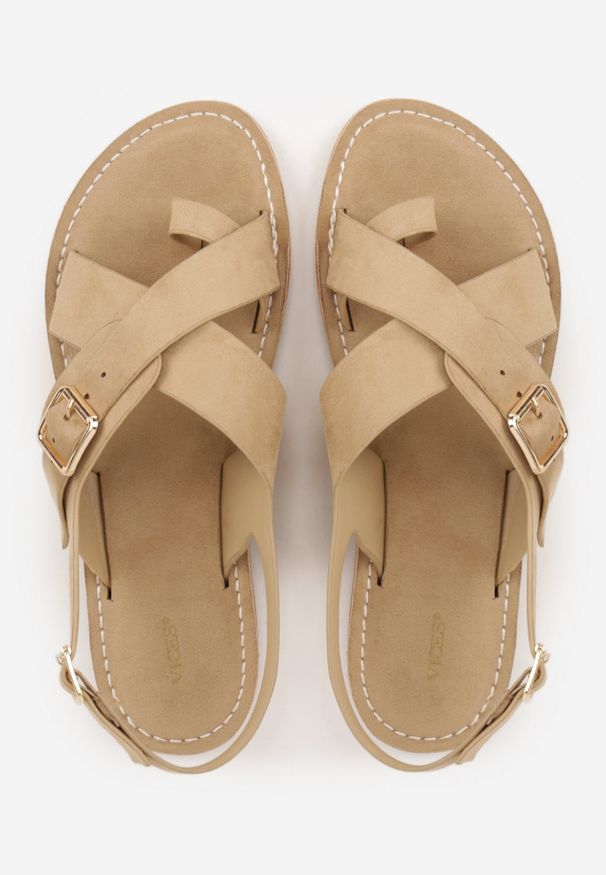 Renee - Beżowe Sandały Japonki VICES z Ozdobnym Paskiem i Klamrą Vendan. Okazja: na co dzień. Zapięcie: klamry. Kolor: beżowy. Materiał: jeans. Sezon: lato. Styl: casual, elegancki
