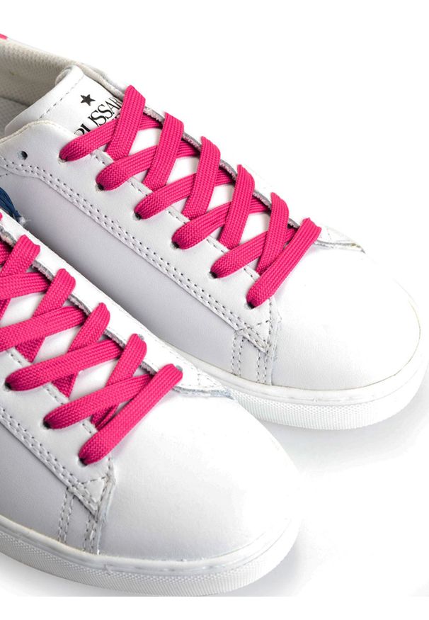 Trussardi Jeans Sneakersy | 79A00331 | Kobieta | Biały, Różowy. Nosek buta: okrągły. Kolor: biały, wielokolorowy, różowy. Materiał: skóra ekologiczna. Wzór: aplikacja, nadruk