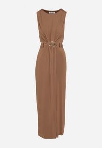 Born2be - Brązowa Sukienka z Wiskozą Ozdobiona Wycięciami i Metalową Aplikacją Odivaria. Kolor: brązowy. Materiał: wiskoza. Wzór: aplikacja. Styl: klasyczny #3