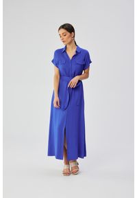 MOE - Niebieska Długa Sukienka Rozpinana z Krótkim Rękawem. Kolor: niebieski. Materiał: wiskoza. Długość rękawa: krótki rękaw. Długość: maxi #1