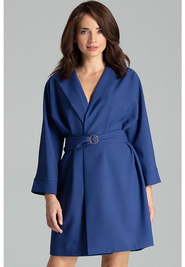 Lenitif - Sukienka typu żakiet z szerokim paskiem w talii szafirowa. Okazja: do pracy, na spotkanie biznesowe. Kolor: niebieski. Styl: elegancki, biznesowy