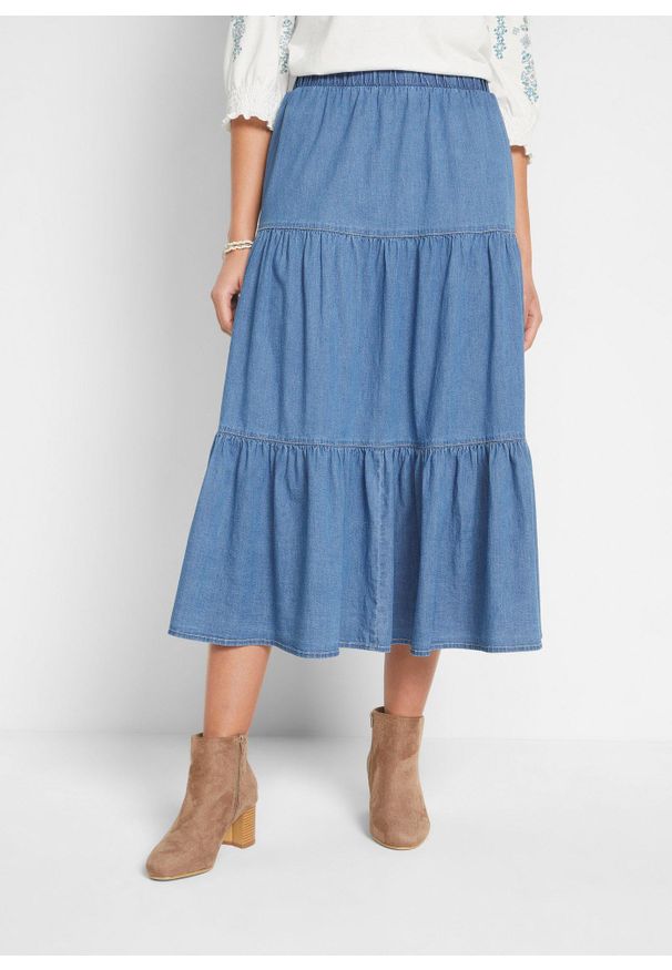 bonprix - Spódnica dżinsowa z falban. Kolor: niebieski