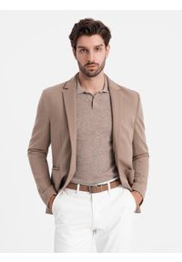 Ombre Clothing - Męska marynarka z naszywanymi kieszeniami - ciemnobeżowa V3 - Rozmiar: S. Kolor: beżowy. Materiał: wiskoza, elastan, poliester, materiał. Styl: elegancki