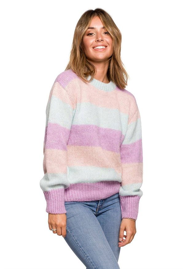 BE Knit - Mięciutki wełniany sweter w kolorowe paski. Okazja: na co dzień. Materiał: wełna. Wzór: paski, kolorowy. Sezon: jesień, zima. Styl: casual
