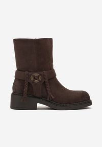 Renee - Brązowe Botki Bikery z Guzikiem i Sznurkami Alissarie. Okazja: na co dzień. Kolor: brązowy. Materiał: skóra. Styl: casual #5