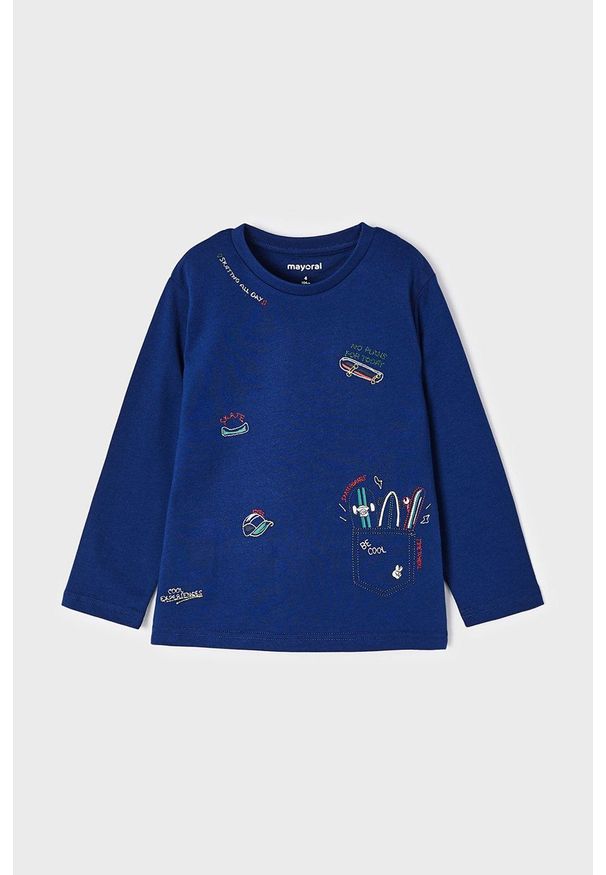 Mayoral longsleeve bawełniany dziecięcy kolor granatowy z nadrukiem. Okazja: na co dzień. Kolor: niebieski. Materiał: bawełna. Długość rękawa: długi rękaw. Wzór: nadruk. Styl: casual