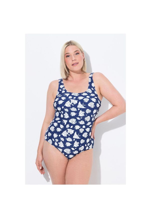 ULLA POPKEN - Damskie Strój kąpielowy ryby bez miękkich miseczek okrągły dekolt. Kolekcja: plus size. Kolor: niebieski. Materiał: poliamid, materiał, elastan