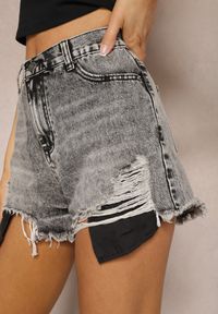 Renee - Szare Bawełniane Postrzępione Szorty High Waist z Podszewką Hanesita. Okazja: na co dzień. Stan: podwyższony. Kolor: szary. Materiał: bawełna. Sezon: lato. Styl: klasyczny, elegancki, casual #5