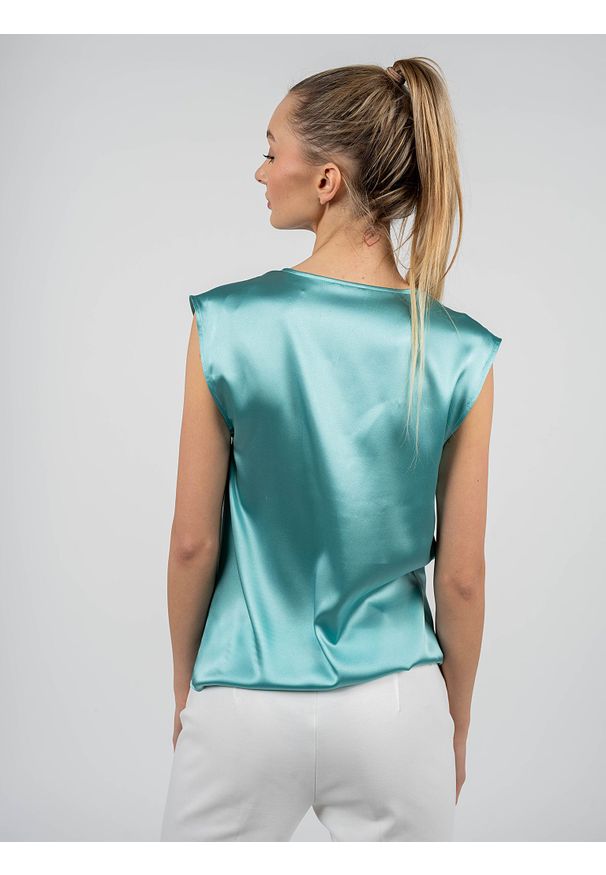 Pinko Top "Fascinoso" | 1G15M1 ZR64 | Fascinoso | Kobieta | Turkusowy. Okazja: na co dzień. Typ kołnierza: dekolt w kształcie V. Kolor: turkusowy. Materiał: jedwab, elastan. Długość rękawa: bez rękawów. Styl: casual