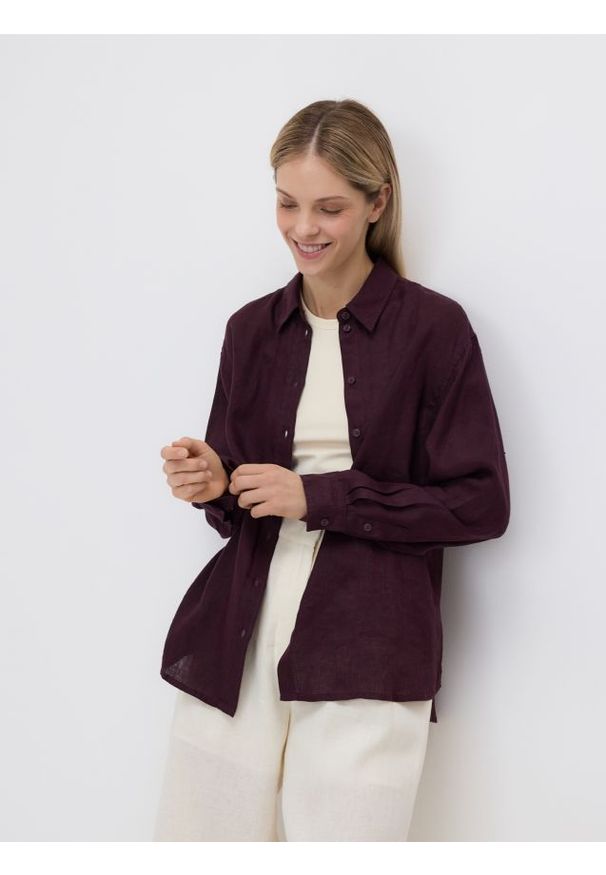 Reserved - Lniana koszula - mahoniowy. Kolor: brązowy. Materiał: len