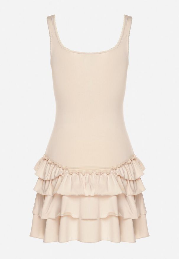 Born2be - Beżowa Sukienka z Wiskozą Ozdobiona Falbankami Ovinia. Okazja: na co dzień. Typ kołnierza: kołnierz z falbankami. Kolor: beżowy. Materiał: wiskoza. Długość rękawa: na ramiączkach. Wzór: aplikacja. Styl: casual