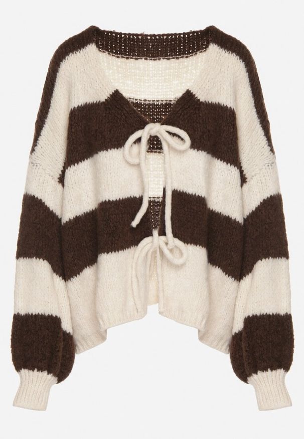 Born2be - Brązowy Wiązany Kardigan Oversize w Paski z Dodatkiem Wełny i Wiskozy Retire. Kolor: brązowy. Materiał: wełna, wiskoza. Wzór: paski