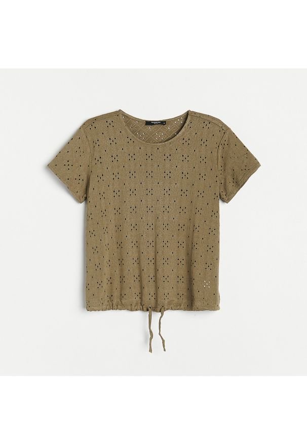 Reserved - Ażurowy t-shirt - Khaki. Kolor: brązowy. Wzór: ażurowy