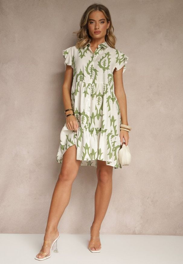 Renee - Zielona Koszulowa Sukienka z Lnem i Wiskozą o Rozkloszowanym Kroju Aranese. Okazja: na co dzień. Typ kołnierza: kołnierzyk klasyczny. Kolor: zielony. Materiał: len, wiskoza. Długość rękawa: krótki rękaw. Sezon: lato. Typ sukienki: koszulowe. Styl: casual, klasyczny