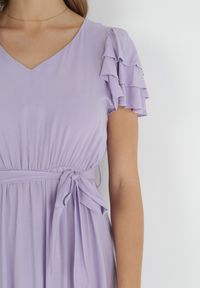 Born2be - Fioletowa Sukienka Midi z Wiskozy z Gumką w Pasie i Materiałowym Paskiem Aricia. Okazja: na randkę, na uczelnię. Kolor: fioletowy. Materiał: materiał, wiskoza. Długość: midi #3