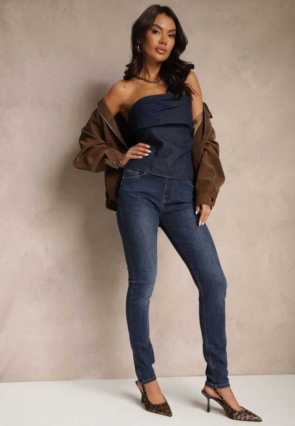 Renee - Granatowe Jeansy o Fasonie Slim z Bawełną ze Sznurkiem i Gumką w Talii Jalione. Okazja: na co dzień, na spacer. Kolor: niebieski. Wzór: aplikacja. Styl: casual, elegancki