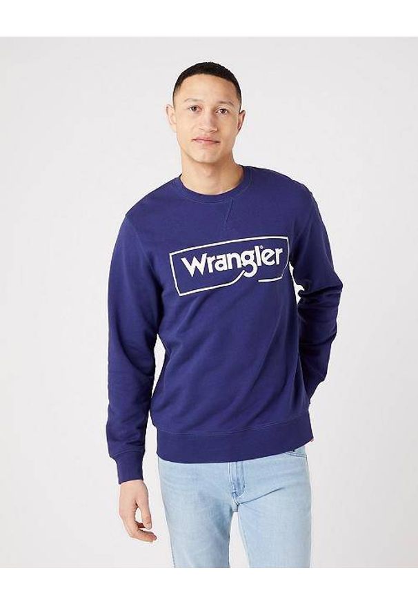 Wrangler - WRANGLER FRAME LOGO CREW MĘSKA BLUZA LOGO NADRUK BLUE W662HAB51. Wzór: nadruk