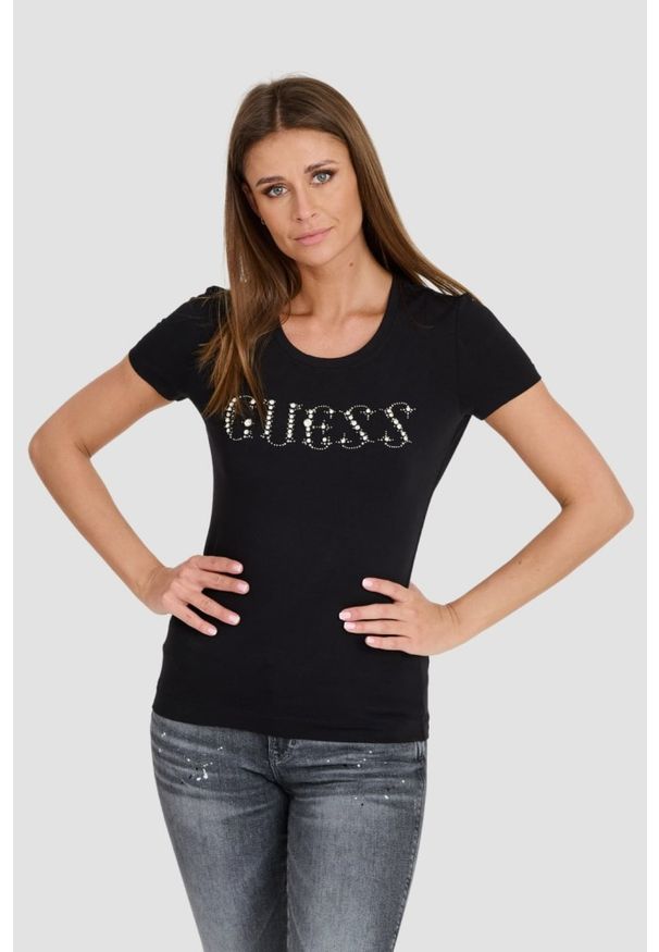 Guess - GUESS Czarny T-shirt z cyrkoniami. Kolor: czarny