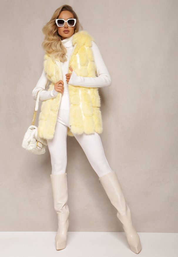 Renee - Żółta Futrzana Kamizelka z Kapturem Konessa. Typ kołnierza: kaptur. Kolor: żółty. Materiał: futro