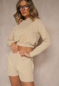 Renee - Beżowy Komplet z Bawełny w Sportowym Stylu Bluza z Kapturem i Szorty Izurea. Kolor: beżowy. Materiał: bawełna