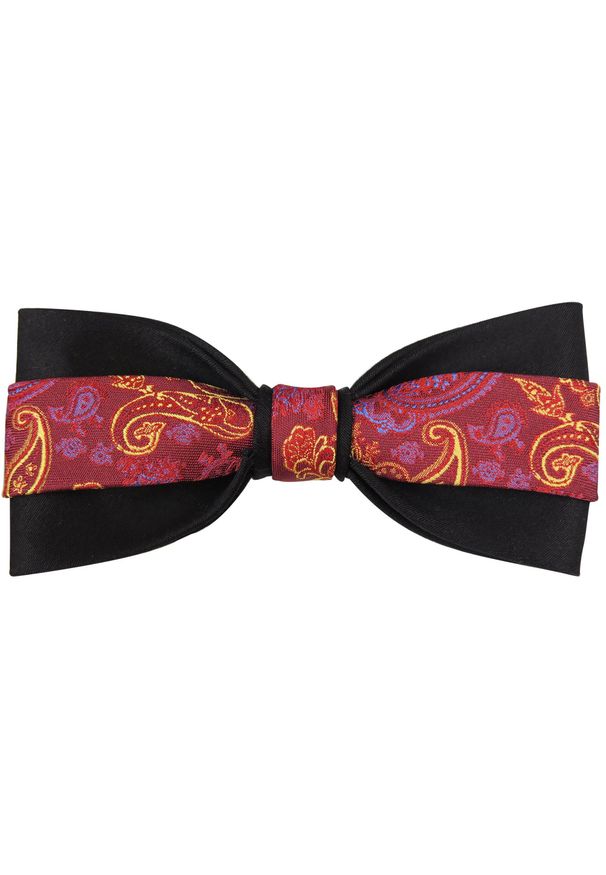 Modini - Czarna mucha z bordowym paskiem w paisley z poszetką A167. Kolor: czarny, wielokolorowy, czerwony. Materiał: poliester, tkanina. Wzór: paisley. Styl: elegancki