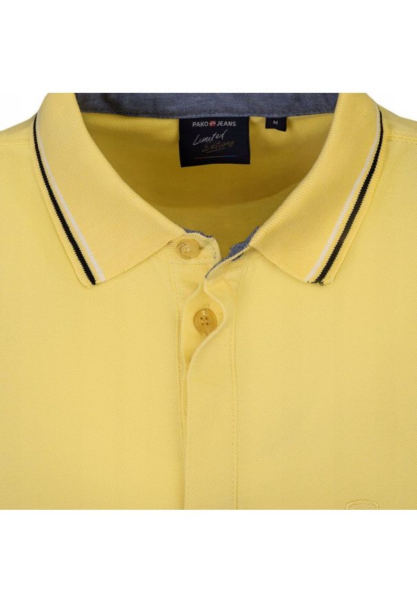 Koszulka Polo - Męska - Pako Jeans - Żółta, Kryte Guziki. Okazja: na co dzień. Typ kołnierza: polo. Kolor: złoty, żółty, wielokolorowy. Materiał: bawełna. Styl: casual