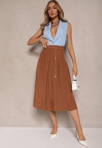 Renee - Brązowa Spódnica z Wiskozą o Rozkloszowanym Kroju z Paskiem Łańcuszkiem Lilethra. Kolor: brązowy. Materiał: wiskoza. Styl: elegancki #2