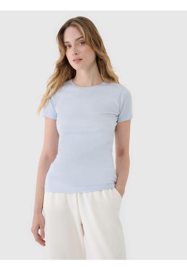 4f - 4F T-shirt slim z modalem damski - niebieski XS. Okazja: na co dzień. Kolor: niebieski. Materiał: dzianina, bawełna, materiał, jersey. Długość rękawa: krótki rękaw. Długość: krótkie. Wzór: gładki, ze splotem. Sezon: lato. Styl: klasyczny, casual, sportowy