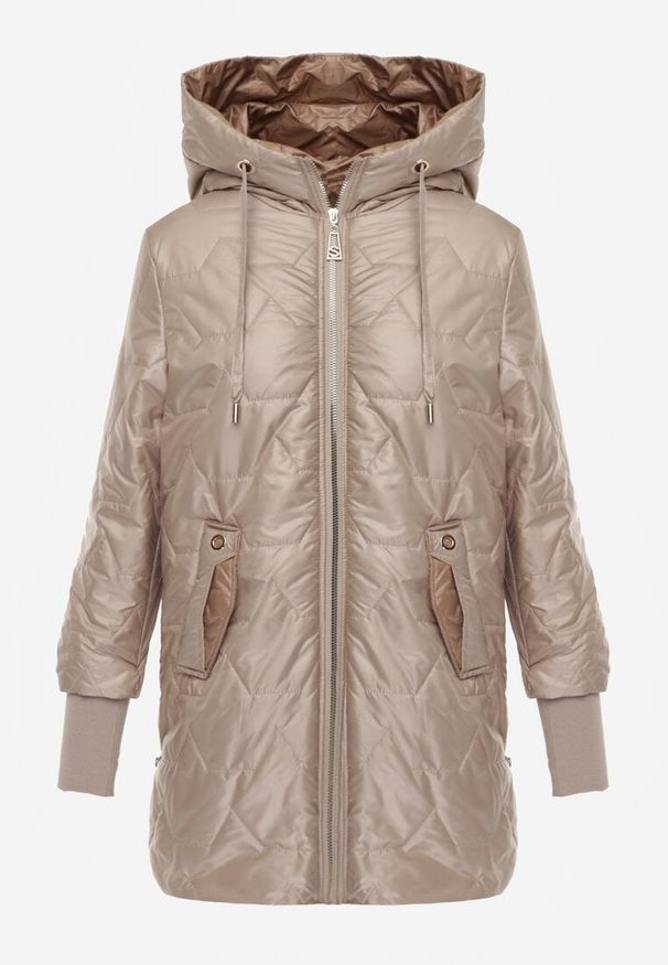 Renee - Brązowa Przejściowa Kurtka z Kapturem Pikowanymi Przeszyciami i Suwakami Kave. Okazja: na spacer. Typ kołnierza: kaptur. Kolor: brązowy. Materiał: poliester, jeans