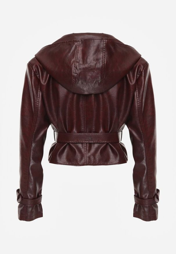 Renee - Bordowa Kurtka z Ekoskóry o Krótkim Kroju w Stylu Trencza z Paskiem i Kapturem Nilassiela. Okazja: na co dzień. Kolor: czerwony. Materiał: bawełna. Długość: krótkie. Wzór: paski. Styl: casual