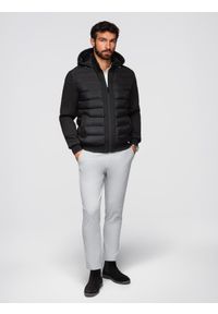 Ombre Clothing - Pikowana kurtka bomberka z kapturem i dzianinowymi rękawami – czarna V1 - Rozmiar: XL. Typ kołnierza: kaptur. Kolor: czarny. Materiał: dzianina. Wzór: aplikacja, nadruk. Styl: klasyczny #5