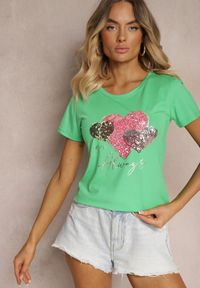 Renee - Zielony T-shirt z Bawełny Ozdobiony Nadrukiem w Kształcie Serc Hennea. Okazja: na co dzień. Kolor: zielony. Materiał: bawełna. Wzór: nadruk, aplikacja. Styl: casual #3