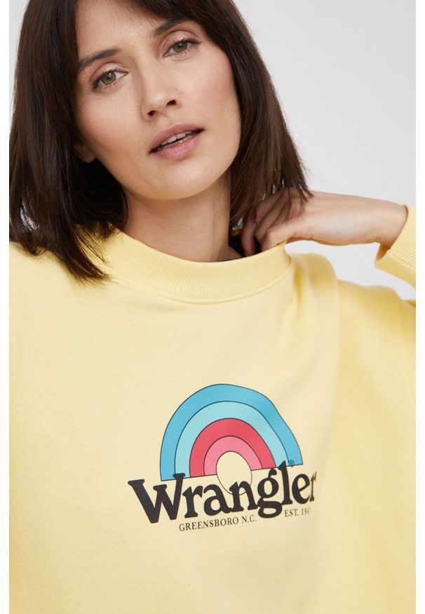 Wrangler bluza bawełniana damska kolor żółty z nadrukiem. Kolor: żółty. Materiał: bawełna. Wzór: nadruk