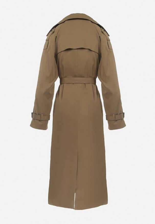 Born2be - Brązowy Długi Płaszcz Trencz Dwurzędowy z Paskiem w Talii Cadenite. Typ kołnierza: kolnierz wykładany. Kolor: brązowy. Długość: długie