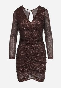 Born2be - Ciemnobrązowa Cekinowa Sukienka z Marszczeniem Nerli. Kolor: brązowy. Wzór: aplikacja. Długość: mini #4