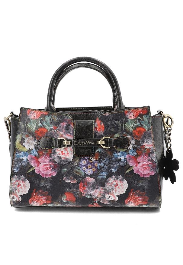 Czarna Torebka Laura Vita Stylowy Kuferek Damski. Kolor: czarny. Wzór: kwiaty, aplikacja. Materiał: zdobione. Styl: elegancki. Rodzaj torebki: do ręki