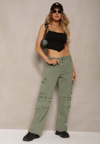 Renee - Zielone Spodnie Typu Bojówki z Bawełny High Waist z Kieszeniami Zefara. Stan: podwyższony. Kolor: zielony. Materiał: bawełna