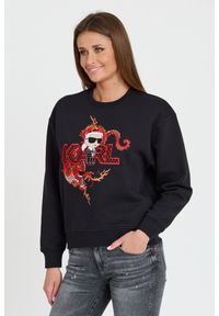 Karl Lagerfeld - KARL LAGERFELD Czarna damska bluza ikonik lny, Rozmiar XS. Kolor: czarny. Materiał: len. Wzór: haft #5