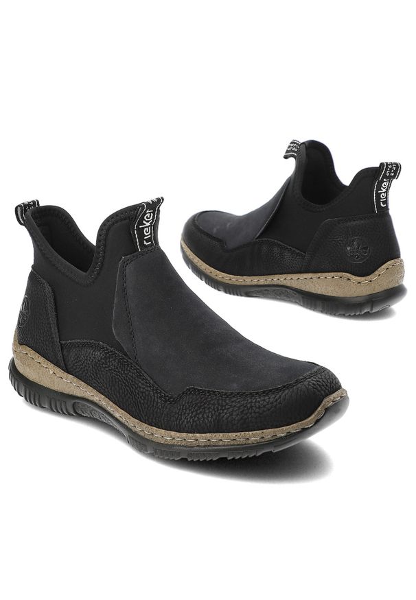 Czarne Botki Rieker Modne Wsuwane Obuwie Damskie. Okazja: na co dzień, na spacer. Zapięcie: bez zapięcia. Kolor: czarny. Materiał: materiał. Wzór: aplikacja. Styl: casual